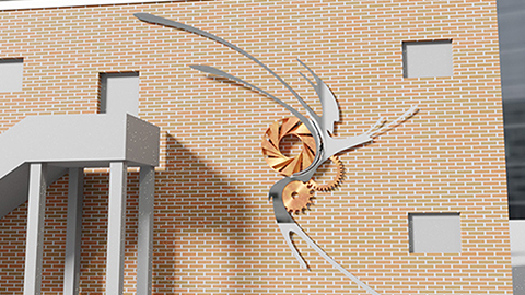 A computer-generated image of the proposed sculpture. It features three cog shapes and several swirled pieces of metal. The sculpture design is seen on the wall of a building. 